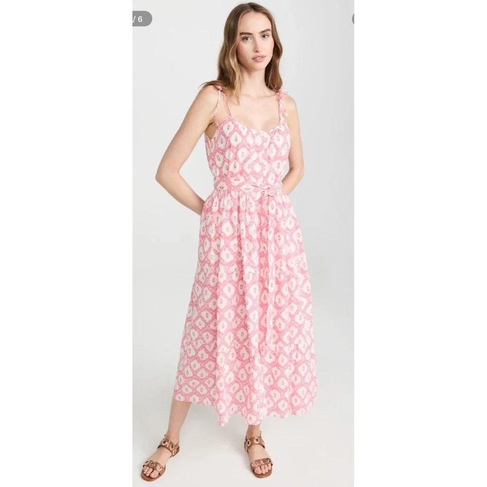Marea Belted Siesta Maxi Dress Pink Ikat Print Bohemian Peasant Coquette Sz M